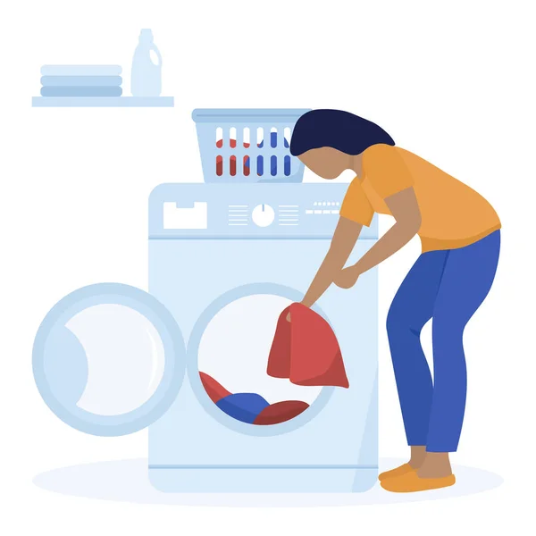 Vector Illustratie Vrouw Vuile Kleren Wasmachine Wasmand Wasmiddelen Wasservice Huishoudelijke — Stockvector