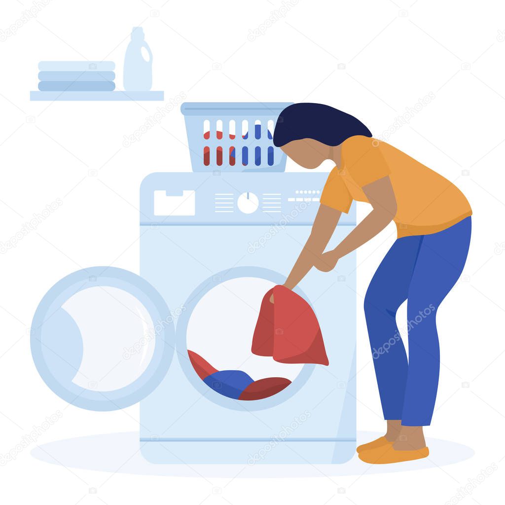 Vector illustration Woman washing dirty clothes Washing machine, laundry basket, laundry detergents Laundry service Household Domestic chores Laundromat tasks Design for website, app, print