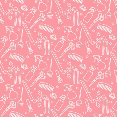 Vektörsüz desenli, profesyonel kuaför aletleri berber kuaför kuaför kuaför cazibe moda moda moda tarağı, saç düzleştirici, makas, parmak izi tasarımı.