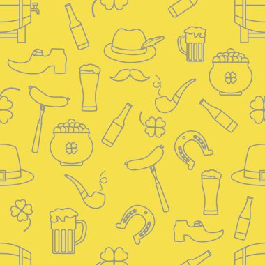 İrlanda Vektör Örnekleri Kusursuz Aziz Patrick Günü illüstrasyonunuz İrlanda Yonca At Nalı Pipo Pipo Cüce Leprechaun 'un Ayakkabı Tenceresi Altın Bıyık Şapka Tatil Partisi Aydınlatma ve Nihai Gri Tasarım.