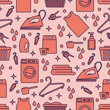 Vektör Tertemiz Çizim Çamaşır Temizleme Servisi Çamaşır Makinesi, Çamaşır sepeti, deterjan, demir, mandal, askı, çarşaf. Baskı için Ev işleri Çamaşırhane Görevleri Tasarımı