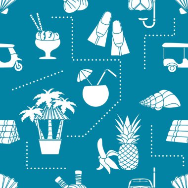 Kusursuz desenli seyahat vektör ilüstrasyonu Tatil Macerası Yaz Gezisi Tuk-tuk, palmiye ağacı, maske, şnorkel, palet, masaj için bitkisel keseler, kabuk, ananas, muz, kokteyl