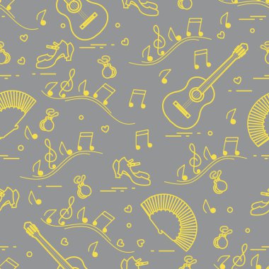 Pervaneli, ayakkabılı, kastanyetli, notalı, gitarlı kusursuz desen. Seyahat ve boş zaman. İspanya 'nın geleneksel sembolleri. Aydınlatıcı ve Nihai Gri.