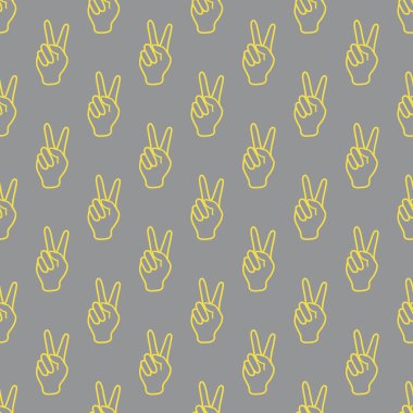 Zafer jesti ile kusursuz vektör deseni. İki parmağını kaldır. Barış ve başarının göstergesi. Tekstil, afiş, poster ya da baskı tasarımı. Aydınlatıcı ve Nihai Gri.