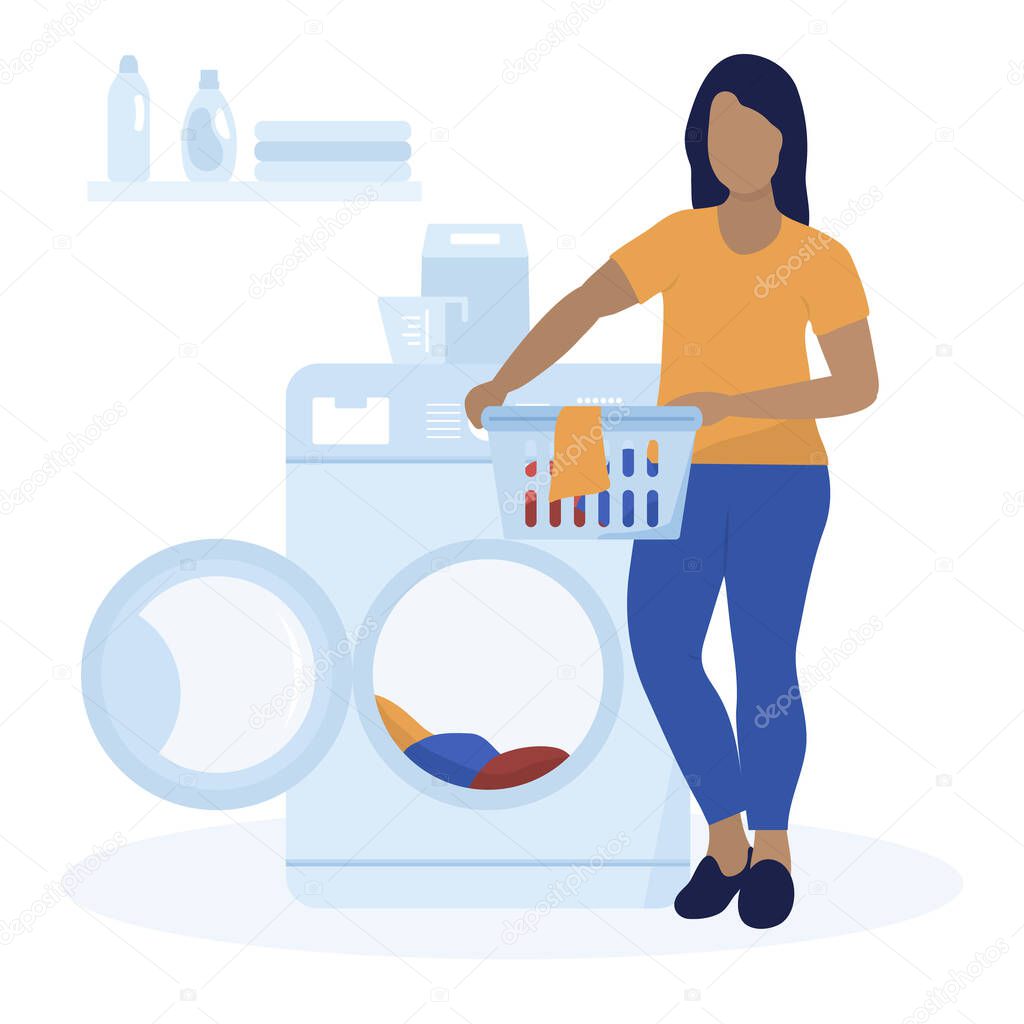 Vector illustration Woman washing dirty clothes Washing machine, laundry basket, laundry detergents Laundry service Household Domestic chores Laundromat tasks Design for website, app, print