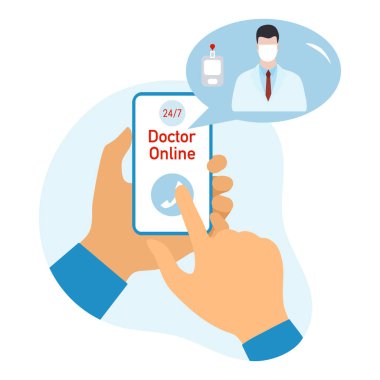 Danışmanlık Doktor çevrimiçi vektör illüstrasyonu Eller hastayla çevrimiçi tıbbi iletişimi elinde tutuyor. Sanal hastane. Tıbbi destek. Sağlık hizmetleri. Web sitesi, uygulama, yazdırma için Düz Biçim Tasarımı