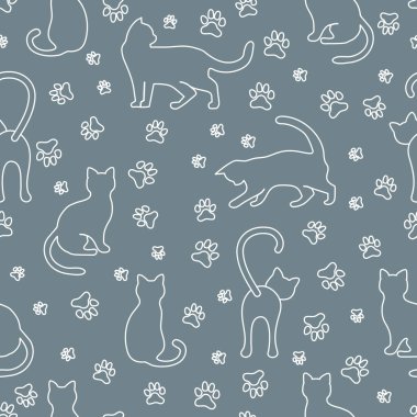 Eğlenceli kediyle vektörsüz desen çizimi. Hayvan geçmişi. Sağlık, veteriner, beslenme, sergi. Kumaş, baskı, ambalaj kağıdı veya baskı için tasarım.