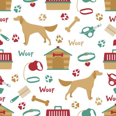 Vektör desensiz illüstrasyon Köpek, köpek kulübesi, patika izleri, kemik, yaka, tarak, makas, tasma taşıma, hayvan arka plan hayvan dükkanı, veteriner, barınak konsepti kumaş, parmak izi tasarımı