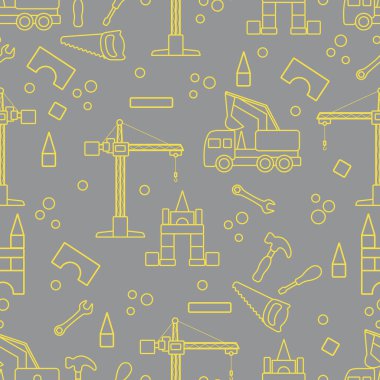 Çocuk oyuncaklarıyla kusursuz bir şablon. Kazıcı, vinç, oyuncak aletler, testere, çekiç, anahtar, tornavida. İlkokul, ilkokul, anaokulu. Mutlu çocukluk aktiviteleri tekstil, baskı aydınlatma ve nihai gri tasarımı.
