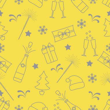 Mutlu Noeller, yeni yıl vektörsüz şablon. Hediyeler, Noel Baba şapkası, maytap, şişe, bardak, Noel ağacı, kar taneleri. Şenlik arka planı. Kumaş, baskı, ambalaj kağıdı Aydınlatma ve Nihai Gri.