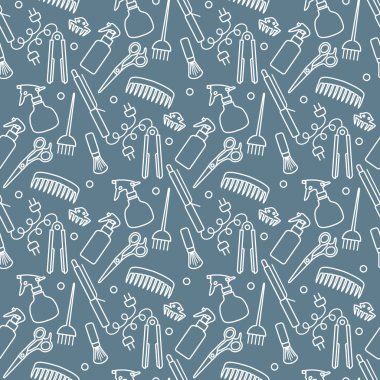 Vektörsüz desenli, profesyonel kuaför aletleri berber kuaför kuaför kuaför cazibe moda moda moda tarağı, saç düzleştirici, makas, parmak izi tasarımı.