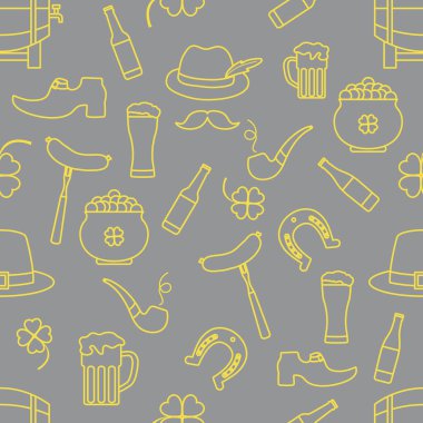 İrlanda Vektör Örnekleri Kusursuz Aziz Patrick Günü illüstrasyonunuz İrlanda Yonca At Nalı Pipo Pipo Cüce Leprechaun 'un Ayakkabı Tenceresi Altın Bıyık Şapka Tatil Partisi Aydınlatma ve Nihai Gri Tasarım.