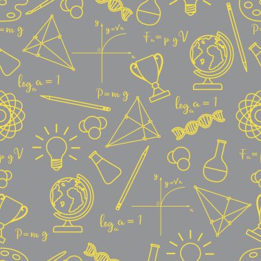 Bilimsel, eğitim unsurlarına sahip vektörsüz örüntü: dünya, formüller, mataralar, moleküller, atom, DNA, fonksiyon grafiği, kalem, üçgen. Web siteleri, posterler, uygulamalar, baskılar için tasarım. Aydınlatıcı ve Nihai Gri.