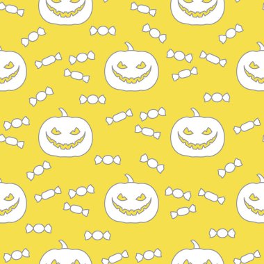 Cadılar Bayramı vektörü, balkabağı ve şekerle kusursuz desen. Parti kartı, ambalaj, kumaş, baskı için tasarım. Aydınlatıcı ve Nihai Gri.