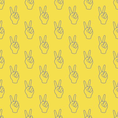 Zafer jesti ile kusursuz vektör deseni. İki parmağını kaldır. Barış ve başarının göstergesi. Tekstil, afiş, poster ya da baskı tasarımı. Aydınlatıcı ve Nihai Gri.