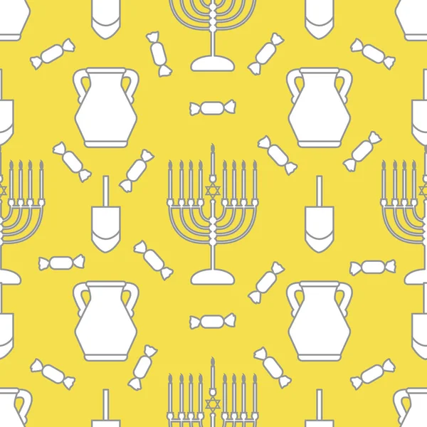 Happy Hanukkah. Jewish holiday Vector seamless pattern with traditional Chanukah symbols Menorah candles, oil jar, dreidel, spinning top, candy Festive background Design for textile, wrapping, print. Illuminating and Ultimate Gray.