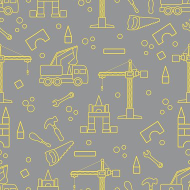 Çocuk oyuncaklarıyla kusursuz bir şablon. Kazıcı, vinç, oyuncak aletler, testere, çekiç, anahtar, tornavida. İlkokul, ilkokul, anaokulu. Mutlu çocukluk aktiviteleri tekstil, baskı aydınlatma ve nihai gri tasarımı.