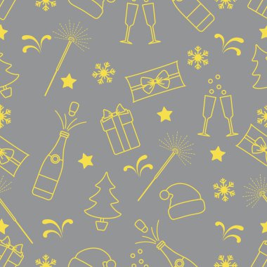 Mutlu Noeller, yeni yıl vektörsüz şablon. Hediyeler, Noel Baba şapkası, maytap, şişe, bardak, Noel ağacı, kar taneleri. Şenlik arka planı. Kumaş, baskı, ambalaj kağıdı Aydınlatma ve Nihai Gri.