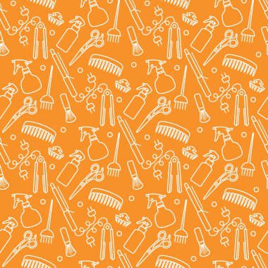 Vektörsüz desenli, profesyonel kuaför aletleri berber kuaför kuaför kuaför cazibe moda moda moda tarağı, saç düzleştirici, makas, parmak izi tasarımı.