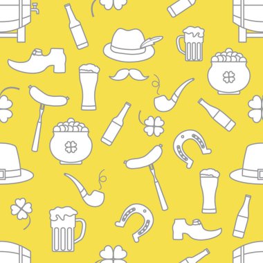 İrlanda Vektör Örnekleri Kusursuz Aziz Patrick Günü illüstrasyonunuz İrlanda Yonca At Nalı Pipo Pipo Cüce Leprechaun 'un Ayakkabı Tenceresi Altın Bıyık Şapka Tatil Partisi Aydınlatma ve Nihai Gri Tasarım.