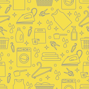 Vektör Tertemiz Çizim Çamaşır Temizleme Servisi Çamaşır Makinesi, Çamaşır sepeti, deterjan, demir, mandal, askı, çarşaf. Baskı için Ev işleri Çamaşırhane Görevleri Tasarımı