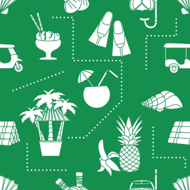 Kusursuz desenli seyahat vektör ilüstrasyonu Tatil Macerası Yaz Gezisi Tuk-tuk, palmiye ağacı, maske, şnorkel, palet, masaj için bitkisel keseler, kabuk, ananas, muz, kokteyl