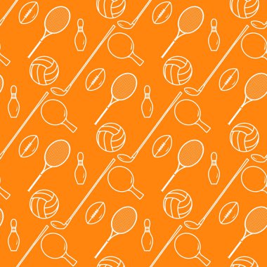 Vektör desensiz bovling broşu, ping pong, tenis raketi, futbol, rugby topu, golf sopası spor teması oyun, hobi, spor ekipmanları kumaş için sağlıklı yaşam tarzı tasarımı, baskı için