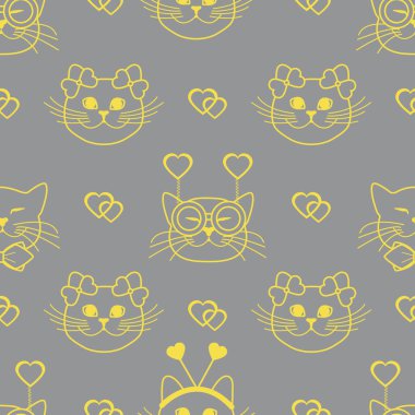 Karnaval maskesi, gözlük, kravat, fiyonk, saç bandı ve kalp takan kedi ağızlık deseni. Sevgililer günün kutlu olsun. Romantik bir geçmiş. Karnaval konsepti. Aydınlatıcı ve Nihai Gri.