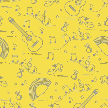 Pervaneli, ayakkabılı, kastanyetli, notalı, gitarlı kusursuz desen. Seyahat ve boş zaman. İspanya 'nın geleneksel sembolleri. Aydınlatıcı ve Nihai Gri.