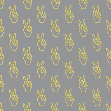 Zafer jesti ile kusursuz vektör deseni. İki parmağını kaldır. Barış ve başarının göstergesi. Tekstil, afiş, poster ya da baskı tasarımı. Aydınlatıcı ve Nihai Gri.