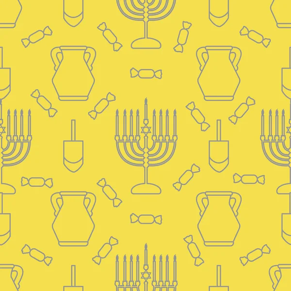 Happy Hanukkah. Jewish holiday Vector seamless pattern with traditional Chanukah symbols Menorah candles, oil jar, dreidel, spinning top, candy Festive background Design for textile, wrapping, print. Illuminating and Ultimate Gray.