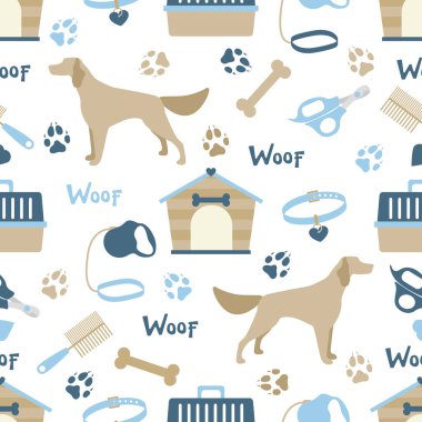 Vektör desensiz illüstrasyon Köpek, köpek kulübesi, patika izleri, kemik, yaka, tarak, makas, tasma taşıma, hayvan arka plan hayvan dükkanı, veteriner, barınak konsepti kumaş, parmak izi tasarımı