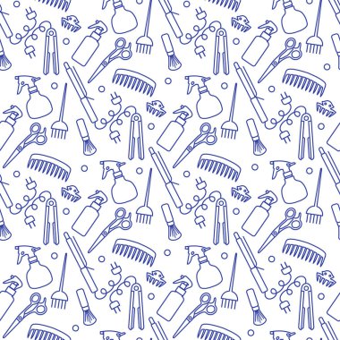 Vektörsüz desenli, profesyonel kuaför aletleri berber kuaför kuaför kuaför cazibe moda moda moda tarağı, saç düzleştirici, makas, parmak izi tasarımı.