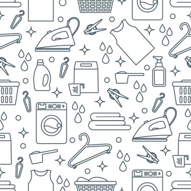 Vektör Tertemiz Çizim Çamaşır Temizleme Servisi Çamaşır Makinesi, Çamaşır sepeti, deterjan, demir, mandal, askı, çarşaf. Baskı için Ev işleri Çamaşırhane Görevleri Tasarımı