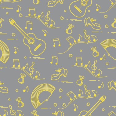 Pervaneli, ayakkabılı, kastanyetli, notalı, gitarlı kusursuz desen. Seyahat ve boş zaman. İspanya 'nın geleneksel sembolleri. Aydınlatıcı ve Nihai Gri.