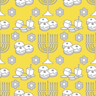 Mutlu Hanukkah. Geleneksel Hanuka sembolleri Menorah mumları, donutlar, topaç, bozuk paralar, kurabiyeler olan Yahudi bayramı vektörü deseni. Tekstil, ambalaj, baskı aydınlatma ve Nihai Gri için şenlikli tasarım.
