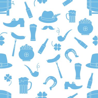 İrlanda Vektörü 'nün kusursuz deseni Mutlu Aziz Patrick Günü illüstrasyonları İrlanda Yonca At Nalı Pipo Pipo Cüce Leprechaun' un ayakkabısı Altın Bıyık Saksısı Tatil Partisi Şenlik Tasarımı