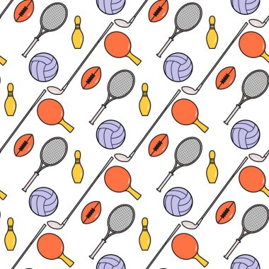 Vektör desensiz bovling broşu, ping pong, tenis raketi, futbol, rugby topu, golf sopası spor teması oyun, hobi, spor ekipmanları kumaş için sağlıklı yaşam tarzı tasarımı, baskı için