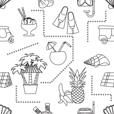 Kusursuz desenli seyahat vektör ilüstrasyonu Tatil Macerası Yaz Gezisi Tuk-tuk, palmiye ağacı, maske, şnorkel, palet, masaj için bitkisel keseler, kabuk, ananas, muz, kokteyl