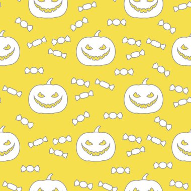 Cadılar Bayramı vektörü, balkabağı ve şekerle kusursuz desen. Parti kartı, ambalaj, kumaş, baskı için tasarım. Aydınlatıcı ve Nihai Gri.