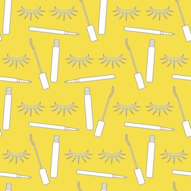 Kirpikli, maskaralı, kalemli vektör desenli. Dekoratif kozmetik, makyaj geçmişi. Cazibeli moda tarzı. Tekstil, ambalaj, baskı için tasarım. Aydınlatıcı ve Nihai Gri.