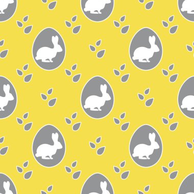 Kusursuz paskalyanız kutlu olsun. Tavşanlı Paskalya yumurtaları, yapraklar. Şenlik arka planı. Sürpriz Paskalya yumurtası avı. Çocuklar için eğlenceli bir oyun. Paketleme, kumaş ve baskı için tasarım. Aydınlatıcı ve Nihai Gri.