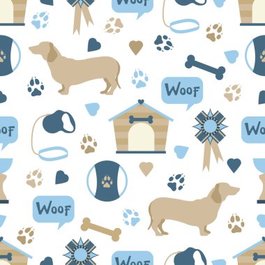 Vektör desensiz tasviri Köpek Köpek Pençesi, Kemik Oyuncağı Tasma Ödülü Hav 'ını takip ediyor. Hayvan geçmişi. Hayvan dükkanı, sergi, veteriner kliniği, barınak konsepti. Kumaş baskısı için tasarım