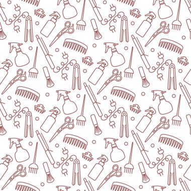 Vektörsüz desenli, profesyonel kuaför aletleri berber kuaför kuaför kuaför cazibe moda moda moda tarağı, saç düzleştirici, makas, parmak izi tasarımı.