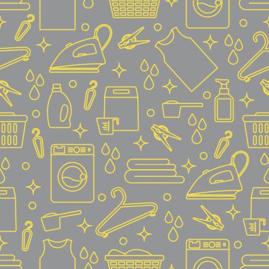 Vektör Tertemiz Çizim Çamaşır Temizleme Servisi Çamaşır Makinesi, Çamaşır sepeti, deterjan, demir, mandal, askı, çarşaf. Baskı için Ev işleri Çamaşırhane Görevleri Tasarımı