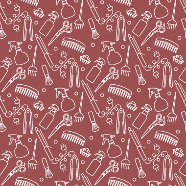 Vektörsüz desenli, profesyonel kuaför aletleri berber kuaför kuaför kuaför cazibe moda moda moda tarağı, saç düzleştirici, makas, parmak izi tasarımı.