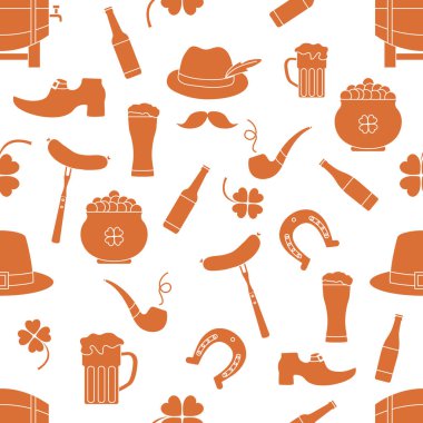 İrlanda Vektörü 'nün kusursuz deseni Mutlu Aziz Patrick Günü illüstrasyonları İrlanda Yonca At Nalı Pipo Pipo Cüce Leprechaun' un ayakkabısı Altın Bıyık Saksısı Tatil Partisi Şenlik Tasarımı