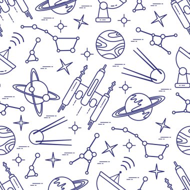 Kusursuz desenli Vektör İllüstrasyon Gezegeni Satürn Galaksi takımyıldızları Yörünge İstasyonu Radar Uzay Araştırması. Astronomi konsepti evrende uzay gemisi. Uygulama, ağ ve yazdırma için Büyük Bilim Alanı Tasarımı