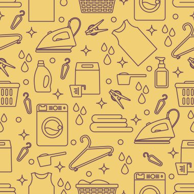 Vektör Tertemiz Çizim Çamaşır Temizleme Servisi Çamaşır Makinesi, Çamaşır sepeti, deterjan, demir, mandal, askı, çarşaf. Baskı için Ev işleri Çamaşırhane Görevleri Tasarımı