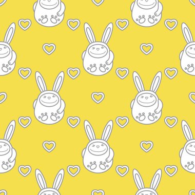 Çizgi film tavşanları ve kalpleriyle kusursuz desen. Doğum günü, Sevgililer Günü, Mutlu Paskalya vektör geçmişi. Şenlik arka planı. Paskalya tavşanı, tavşan, tavşan. Aydınlatıcı ve Nihai Gri.